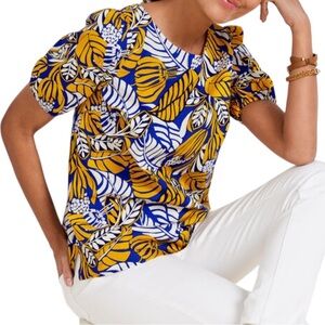 Talbots Size 1X Tie Back Top Colorful Tropical Leaves Print Balloon Sleeves